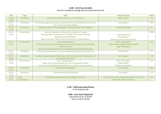 15.00 – 15.50 Tea and Coffee
Served in the Bishop Partridge Hall and Hoare Memorial Hall
Time Type Title Presenter/Chair Room
15.20 –
16.30
Workshop Female Existentialist Thinkers and Practitioners. Digby Tantam AH
15.20 –
16.30
Workshop A Phenomenological and Daseinsanalytical Essay to Understand and Transcend
the Torment of Human Beings
Ado Huygens HGS
15.50 –
16.45
Workshop Practical proposal: Phenomenology, an Attitude rather than a Method. Lucia Moja-Strasser JR
15.50 –
16.45
Presentations Short presentations 2: Military Psychology and Trauma
The Existential Consequences of a Soldier's Encounter with War
Meaning and Rehabilitation
Scars of the Soul: Trauma and Moral Injury in Combat Veterans
Lidiya Kasyanchuk
Cheryl Gibson
Mihaela Launeanu and Sara Kier
SHBR
15.50 –
16.45
Presentations Short Presentations 3
The Lived Experience of Personal Professional Development for Existential
Analysis Trainees
Why do I Have to Endure All This? The Experience of Meeting Injustice
Chair: Verity Gavin
Mike Mathers & Daniel Wesley Parker
Olga Tolmacheva
WR
15.50 –
16.45
Workshop Existential Psychotherapy: Phenomenological-Genetic Analysis of Existence Daniel Sousa CH
15.50 –
16.45
Workshop Freedom, Responsibility and Meaning in Extreme Situations: The Experience of
Surviving Intensive Care
Laura Barnett 145
15.50 –
16.45
Presentations Short Presentations 4
Hope, peace and meaningful life, still an achievable reality!
Existential psychopathology and literature: searches and perspectives
Chair: Mia Leijssen
Gideon Millul
Ekaterina Denyskova
AR
15.50 –
16.45
Workshop Laing and Psychotherapy John Heaton RRR
15.50 –
16.45
Workshop Social Existential Psychotherapy Cuca Valero CR
15.50 -
16.45
Video
presentation
Existential understanding of the refugee experience Kateryna Denyskova, Svetlana Proskurnya, Veronica
Antimonik, Semen Yesselson
CO
:
17.00 – 18.00 Large Group Plenary
In the Assembly Hall
19.00 – Late: Social Programme
Gala Dinner 19:30- 21:30 PM
Dance 21:30-23:30 PM
 