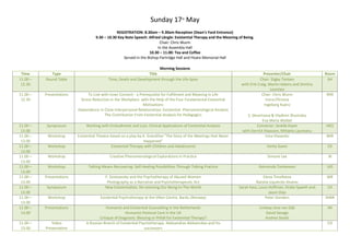 Sunday 17th
May
REGISTRATION: 8.30am – 9.30am Reception (Dean’s Yard Entrance)
9.30 – 10.30 Key Note Speech: Alfried Längle: Existential Therapy and the Meaning of Being.
Chair: Chris Wurm
In the Assembly Hall
10.30 – 11.00: Tea and Coffee
Served in the Bishop Partridge Hall and Hoare Memorial Hall
Morning Sessions
Time Type Title Presenter/Chair Room
11.00 –
12.30
Round Table Time, Death and Development through the Life-Span Chair: Digby Tantam
with Erik Craig, Martin Adams and Dimitry
Leontiev
AH
11.00 –
12.30
Presentations To Live with Inner Consent - a Prerequisite for Fulfilment and Meaning in Life
Stress Reduction in the Workplace with the Help of the Four Fundamental Existential
Motivations
Dependence in Close Interpersonal Relationships: Existential- Phenomenological Analysis
The Contribution From Existential Analysis for Pedagogics
Chair: Chris Wurm
Irena Efimova
Ingeborg Kuenz
S. Skvortsova & Vladimir Shumskiy
Eva Maria Waibel
RRR
11.00 –
13.00
Symposium Working with Embodiment and Loss: Clinical Applications of Existential Analysis Convenor: Janelle Kwee
with Derrick Klaassen, Mihaela Launeanu
HGS
11.00 –
13.00
Workshop Existential Theatre based on a play by A. Gnezdilov "The Story of the Meetings that Never
Happened"
Irina Vlasenko BRR
11.00 –
13.00
Workshop Existential Therapy with Children and Adolescents Verity Gavin CR
11.00 –
13.00
Workshop Creative Phenomenological Explorations in Practice Simone Lee JR
11.00 –
13.00
Workshop Talking Means Recovering: Self-Healing Possibilities Through Talking Practice Raimonda Tomkevien 145
11.00 –
13.00
Presentations F. Dostoevsky and the Psychotherapy of Abused Women
Photography as a Narrative and Psychotherapeutic Act
Elena Timofeeva
Natalia izquierdo Alvarez
WR
11.00 –
13.00
Symposium New Existentialists: Re-visioning Our Being-In-The-World Sarah Kass, Louis Hoffman, Drake Spaeth and
Jason Dias
CH
11.00 –
13.00
Workshop Existential Psychotherapy at the Viken Centre, Bardu (Norway) Peter Donders SHBR
11.00 –
13.00
Presentations Humanist and Existential Counselling in the Netherlands
Humanist Pastoral Care in the UK
Critique of Diagnosis: Blessing or Pitfall for Existential Therapy?
Lindsay Jane van Dijk
David Savage
Andrea Stockl
AR
11.00 –
13.00
Video
Presentation
A Russian Branch of Existential Psychotherapy. Aleksandras Alekseicikas and his
successors
CO
 