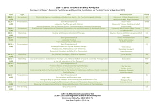 15.00 – 15.50 Tea and Coffee in the Bishop Partridge Hall
Book Launch of Cooper’s ‘Existential Psychotherapy and Counselling: Contributions to a Pluralistic Practice’ at Sage Stand (BPH)
Time Type Title Presenter/Chair Room
15.20 –
16.30
Symposium Existential Urgency, Immediacy and Subjective depth in the Psychotherapeutic Alliance Convenor: William Staudenmaier
with Paul Bracke, Bruce McBeath
AH
15.20 –
16.30
Presentations Short Presentations 3
Existential Play Therapy with Children
Anguish Regarding Ethical Dilemmas from a Phenomenological-Existential Perspective
Shawn Rubin
Alexandre Trevisan Nicolli and Rafael
Osorio Cavalli
SHBR
15.50 –
16.45
Symposium Practices and Characteristics of Existential Counsellors and Psychotherapists: A Worldwide Survey Convenor: Mick Cooper,Edgar Correia,
Lucia Berdondini
HGS
15.50 –
16.45
Workshop Dealing with Dreams in Existential Therapy. Stephen Diamond, Alfried Laengle and Kirk
Schneider
CH
15.50 –
16.45
Presentations Short presentations 4
Existential Practice
From vacuousness to life fullness
Chair: Derrick Klaassen
Elena Kaliteevskaya
Sukhova Galyna
BRR
15.50 –
16.45
Presentations Short Presentations 5
Embodied Presence in Equine Assisted Therapy
The Executive, The Business & Life Dilemmas
Existential Consultant and Life of the Corporation
Veronica Lac
Marialexia Margariti
Oxana Gavrilova
CR
15.50 –
16.45
Workshop Zen Therapy: The Heart's Search for Freedom David Brazier AR
15.50 –
16.45
Workshop Love and Existence - An Existential Theory of Love. What is the Role of Love in Existential Therapy? And
in the Life Experiences of the Therapist?
Bo Jacobsen RRR
15.50 –
16.45
Presentations Short Presentations 6
Freedom Factors in Neo-Existential Psychotherapy
Existential Foundations of Psychological Practice
Understanding Sartre's Psychoanalytic Project in the Context of Contemporary Research and Existential
Psychotherapy
Dan Burston
George Leone
Anastasiia Zinevych
Joanna Handerek
WR
15.50 –
16.45
Presentations Short Presentations 7
Existentialism and Romantic Love
Along the Way to Spiritual Freedom: From Rivers to Seas and Heaven to Tao
Skye Cleary
Shaogang Yang
JR
15.50 –
16.45
Workshop. How does Psychotherapy Help? Examining the Presence of Freedom, Responsibility and
Meaning in the Narratives of Clients Following the Successful Termination of Psychotherapy.
Katerina Zymnis 145
15.50 –
16.45
Film showing A drop of sunshine CO
17.00 – 18.00 Continental Associations Meet
18.00 – Late: Social Programme: Gather in the Assembly Hall
Westminster Abbey Tour 18:00-19:30 PM
River Boat Trip 19:45-22:30 PM
 