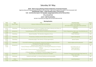 Saturday 16th
May
08.00 – 09.00: Inaugural Meeting of World Confederation of Existential Therapists.
Agenda setting and Proposed Election of Officers and Committee. Open to all Congress Participants In the Convocation Hall
REGISTRATION: 8.30am – 9.30am Reception (Dean’s Yard Entrance)
9.30 – 10.30 Key Note Speech: Kirk Schneider: Human Responsibility and the Polarized Mind.
Chair: Louis Hoffman
In the Assembly Hall
10.30 – 11.00: Tea and Coffee
Served in the Bishop Partridge Hall and Hoare Memorial Hall
Morning Sessions
Time Type Title Presenter/Chair Room
11.00 –
12.30
Round Table Cultural, Political and Spiritual Challenges Chair: Louis Hoffman
with Xuefu Wang, Susana Signorelli and Rimas
Kociunas
AH
11.00 –
12.30
Workshop Intersubjectivity and Human Existence: A Dialogue with Robert Stolorow and others on
Emotional Worlds and Dasein
Erik Craig RRR
11.00 –
13.00
Symposium Psychotherapy as Ethics: how ethical is Existential Psychotherapy? Pavlos Filippopoulos, Max Lowe, Paul McGinley and
Derek Bean
AR
11.00 –
13.00
Workshop Beyond Goodbye: The Narrative Integration of Loss. Robert Neimeyer HGS
11.00 –
13.00
Workshop Thrownness, Freedom and the Will for Authenticity Evgenia Georganda JR
11.00 –
13.00
Workshop Existential project: The memory of future generations Semen Eselson BRR
11.00 –
13.00
Workshop From Birth to Retirement and Beyond: Towards An Existential Model of Human
Development Through the Life Span
Martin Adams and Prunella Gee SHBR
11.00 –
13.00
Symposium General Clinical Application of EA (Vienna)
Trauma Therapy: Existential Analytical Aspects on Working with Resources in Trauma
Therapy
The EA Psychic Trauma Concept and the Body as a Resource in Therapeutic Work with
Trauma Experience
A Personal Agency: The Existential- Phenomenological Perspective
Karin Matuszak-Luss
Natalia Ignatyeva
lena Stankovskaya
CR
11.00 –
13.00
Symposium Key Concepts and Methods of Existential Therapies Convenor: Patrycja Huf with Orah Krug, Simon du
Plock, Anne Willi
CH
11.00 –
13.00
Workshop Existence and Health - on Human Hardiness and Sustainability Dan Stiwne WR
11.00 –
13.00
Video
Presentation
The loneliness of the Therapist in Existential Therapy with Posttraumatic Children Israel Rosenbaum CO
 