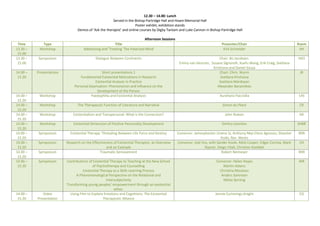12.30 – 14.00: Lunch
Served in the Bishop Partridge Hall and Hoare Memorial Hall
Poster exhibit, exhibition stands
Demos of ‘Ask the therapist’ and online courses by Digby Tantam and Luke Cannon in Bishop Partridge Hall
Afternoon Sessions
Time Type Title Presenter/Chair Room
13.30 –
15.00
Workshop Addressing and 'Treating' The Polarized Mind Kirk Schneider AH
13.30 –
15.00
Symposium Dialogue Between Continents Chair: Bo Jacobsen.
Emmy van Deurzen, Susana Signorelli, Xuefu Wang, Erik Craig, Svetlana
Krivtsova and Daniel Sousa
HGS
14.00 –
15.20
Presentations Short presentations 1
Fundamental Existential Motivations in Research
Existential Analysis in Practice
Personal Deprivation: Phenomenon and Influence on the
Development of the Person
Chair: Chris Wurm
Svetlana Krivtsova
Svetlana Mardoyan
Alexander Barannikov
JR
14.00 –
15.20
Workshop Paedophilia and Existential Analysis Aureliano Pacciolla 145
14.00 –
15.20
Workshop The Therapeutic Function of Literature and Narrative Simon du Plock CR
14.00 –
15.20
Workshop Existentialism and Transpersonal: What is the Connection? John Rowan AR
14.00 –
15.20
Workshop Existential Dimension of Positive Personality Development Dmitry Leontiev SHBR
14.00 –
15.20
Symposium Existential Therapy: Threading Between Life Force and Destiny Convenor: Jamesylvester Urama SJ, Anthony Nkyi Elvire Agossou; Silvester
Itodo, Rev. Westo
BRR
14.00 –
15.20
Symposium Research on the Effectiveness of Existential Therapies: an Overview
and an Example
Convenor: Joel Vos, with Sander Koole, Mick Cooper, Edgar Correia, Mark
Rayner, Diego Vitali, Christian Koebbel
CH
14.00 –
15.20
Symposium Traumatic bereavement Robert Neimeyer RRR
14.00 –
15.20
Symposium Contributions of Existential Therapy to Teaching at the New School
of Psychotherapy and Counselling
Existential Therapy as a Skills Learning Process
A Phenomenological Perspective on the Relational and
Intersubjectivity
Transforming young peoples’ empowerment through an existential
ethos
Convenor: Helen Hayes
Martin Adams
Christina Moutsou
Anders Sorensen
Niklas Serning
WR
14.00 –
15.20
Video
Presentation
Using Film to Explore Emotions and Cognitions: The Existential
Therapeutic Alliance
Jennie Cummings-Knight CO
 