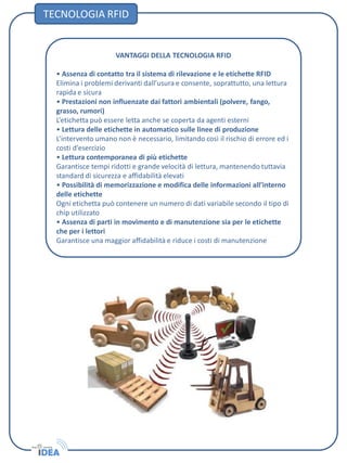 VANTAGGI DELLA TECNOLOGIA RFID
• Assenza di contatto tra il sistema di rilevazione e le etichette RFID
Elimina i problemi derivanti dall’usura e consente, soprattutto, una lettura
rapida e sicura
• Prestazioni non influenzate dai fattori ambientali (polvere, fango,
grasso, rumori)
L’etichetta può essere letta anche se coperta da agenti esterni
• Lettura delle etichette in automatico sulle linee di produzione
L’intervento umano non è necessario, limitando così il rischio di errore ed i
costi d’esercizio
• Lettura contemporanea di più etichette
Garantisce tempi ridotti e grande velocità di lettura, mantenendo tuttavia
standard di sicurezza e affidabilità elevati
• Possibilità di memorizzazione e modifica delle informazioni all’interno
delle etichette
Ogni etichetta può contenere un numero di dati variabile secondo il tipo di
chip utilizzato
• Assenza di parti in movimento e di manutenzione sia per le etichette
che per i lettori
Garantisce una maggior affidabilità e riduce i costi di manutenzione
TECNOLOGIA RFID
 