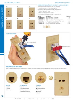 WORKAREAOUTLETS
888.ASK.4ICC | csr@icc.com | icc.com | MPS
10
WORK AREA OUTLETS RESIDENTIAL OUTLETS
Voice Port
Supports:
• Phones
• Fax machines
Retention caps
CAT 5e Data Port
Supports:
• Home networking
• 1 Gigabit per second
• High speed internet
F-Type Port
Supports:
• 2 GHz bandwidth
• Televisions
• Satellite
• Cable
IDC contacts
INTEGRATED FACEPLATES WITH VOICE, CAT 5e DATA AND VIDEO
• Integrate all the connectivity into one faceplate
• One-piece design; no assembly required
• Designed with rear 110-Type IDC for fast termination
• Durable ABS plastic body
• 50 micro-inch gold plated contacts
• Package includes retention caps to secure wiring
PART NO. DESCRIPTION CARTON / CASE
A. ICRDSV05xx¹ 6P6C voice and CAT 5e data 25 / 100
B. ICRDSVF0xx¹ 6P6C voice and F-Type video 25 / 100
C. ICRDSVF5xx¹ 6P6C voice,CAT 5e data and F-Type video 25 / 100
D. ICRDSV25xx¹ 6P6C voice,CAT 5e data and 2 F-Type video 25 / 100
E. ICRDS0F5xx¹ CAT 5e data and F-Type video 25 / 100
F. ICRDS2F5xx¹ 2 CAT 5e data and 2 F-Type video 25 / 100
Color (xx¹) = WH IV AL
A.
D.
B.
E.
FACEPLATE FEATURES
INTEGRATED FACEPLATE FEATURES
All ports are embossed to identify applications. All modular connectors have 50 micro inch gold plated contacts for maximum performance.
C.
F.
 