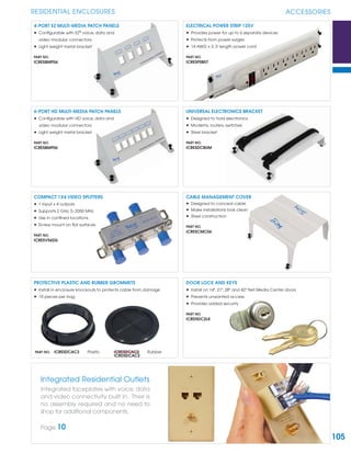 105
RESIDENTIAL ENCLOSURES ACCESSORIES
ELECTRICAL POWER STRIP 125V
• Provides power for up to 6 separate devices
• Protects from power surges
• 14 AWG x 3, 3' length power cord
PART NO.
ICRESPSB07
4-PORT EZ MULTI-MEDIA PATCH PANELS
• Conﬁgurable with EZ®
voice, data and
video modular connectors
• Light weight metal bracket
PART NO.
ICRESBMP04
CABLE MANAGEMENT COVER
• Designed to conceal cable
• Make installations look clean
• Steel construction
PART NO.
ICRESCMC06
UNIVERSAL ELECTRONICS BRACKET
• Designed to hold electronics
• Modems, routers, switches
• Steel bracket
PART NO.
ICRESDCBUM
COMPACT 1X4 VIDEO SPLITTERS
• 1 input x 4 outputs
• Supports 2 GHz, 5~2050 MHz
• Use in conﬁned locations
• Screw mount on ﬂat surfaces
PART NO.
ICRESVS42G
PROTECTIVE PLASTIC AND RUBBER GROMMETS
• Install in enclosure knockouts to protects cable from damage
• 10 pieces per bag
DOOR LOCK AND KEYS
• Install on 14", 21", 28" and 42" Net.Media Center doors
• Prevents unwanted access
• Provides added security
PART NO.
ICRDSDC2LK
ICRESDCAC2 RubberPART NO. ICRESDCAC3 Plastic
6-PORT HD MULTI-MEDIA PATCH PANELS
• Conﬁgurable with HD voice, data and
video modular connectors
• Light weight metal bracket
PART NO.
ICRESBMP06
Integrated Residential Outlets
Integrated faceplates with voice, data
and video connectivity built in. Their is
no assembly required and no need to
shop for additional components.
Page 10
ICRDSDCAC2
 