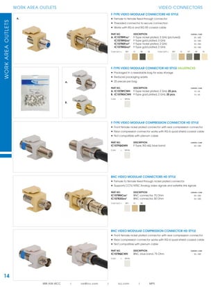 WORKAREAOUTLETS
888.ASK.4ICC | csr@icc.com | icc.com | MPS
14
WORK AREA OUTLETS VIDEO CONNECTORS
F-TYPE VIDEO MODULAR CONNECTOR HD STYLE VALUEPACKS
• Packaged in a resealable bag for easy storage
• Reduces packaging waste
• 25 pieces per bag
PART NO. DESCRIPTION CARTON / CASE
A. IC107BFCWH F-Type nickel plated, 2 GHz, 25 pcs. 10 / 40
B. IC107BGCWH F-Type gold plated, 2 GHz, 25 pcs. 10 / 40
Color = White
F-TYPE VIDEO MODULAR CONNECTORS HD STYLE
• Female to female feed-through connector
• Threaded connector to secure connection
• Works with RG-6 and RG-59 coaxial cable
PART NO. DESCRIPTION CARTON / CASE
A. IC107B9Fxx¹ F-Type nickel plated, 3 GHz (pictured) 50 / 400
IC107B9Gxx¹ F-Type gold plated, 3 GHz 50 / 400
IC107B5Fxx² F-Type nickel plated, 2 GHz 50 / 400
IC107B5Gxx² F-Type gold plated, 2 GHz 50 / 400
Color (xx¹) = WH IV BK AL Color (xx2
) = WH IV GY BK AL
BNC VIDEO MODULAR CONNECTORS HD STYLE
• Female to female feed-through nickel plated connector
• Supports CCTV, NTSC Analog video signals and satellite link signals
PART NO. DESCRIPTION CARTON / CASE
IC107BNCxx¹ BNC connector, 75 Ohm 50 / 400
IC107B3Gxx¹ BNC connector, 50 Ohm 50 / 400
Color (xx¹) = WH IV BK
A.
A.
B.
F-TYPE VIDEO MODULAR COMPRESSION CONNECTOR HD STYLE
• Front female nickel plated connector with rear compression connector
• Rear compression connector works with RG-6 quad shield coaxial cable
• Not compatible with plenum cable
PART NO. DESCRIPTION CARTON / CASE
IC107FQGWH F-Type, RG-6Q, blue band 50 / 400
Color = White
BNC VIDEO MODULAR COMPRESSION CONNECTOR HD STYLE
• Front female nickel plated connector with rear compression connector
• Rear compression connector works with RG-6 quad shield coaxial cable
• Not compatible with plenum cable
PART NO. DESCRIPTION CARTON / CASE
IC107BQCWH BNC, blue band, 75 Ohm 50 / 400
Color = White
 