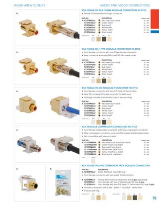 15
WORK AREA OUTLETS AUDIO AND VIDEO CONNECTORS
RCA FEMALE-TO-RCA FEMALE MODULAR CONNECTORS HD STYLE
• Female to female feed-through connector
PART NO. DESCRIPTION CARTON / CASE
A. IC107R6Gxx¹ Red insert (pictured) 50 / 400
IC107G6Gxx¹ Green insert 50 / 400
IC107L6Gxx¹ Blue insert 50 / 400
IC107B6Gxx¹ White insert 50 / 400
IC107Y6Gxx¹ Yellow insert 50 / 400
IC107K6Gxx¹ Black insert 50 / 400
Color (xx¹) = WH IV BK AL
RCA FEMALE-TO-F-TYPE MODULAR CONNECTORS HD STYLE
• Front female connector with rear F-Type female connector
• Rear connector works with RG-6 and RG-59 coaxial cable
PART NO. DESCRIPTION CARTON / CASE
A. IC107RFGxx¹ Red Insert (pictured) 50 / 400
IC107GFGxx¹ Green Insert 50 / 400
IC107LFGxx¹ Blue Insert 50 / 400
IC107BFGxx¹ White Insert 50 / 400
IC107YFGxx¹ Yellow Insert 50 / 400
IC107KFGxx¹ Black Insert 50 / 400
Color (xx¹) = WH IV BK AL
RCA FEMALE-TO-IDC MODULAR CONNECTORS HD STYLE
• Front female connector with rear 110-Type IDC termination
• Rear IDC accepts UTP cable or any 22~24 AWG wire
• Package includes a termination cap to secure wiring
PART NO. DESCRIPTION CARTON / CASE
A. IC107R8Gxx¹ Red insert (pictured) 50 / 400
IC107G8Gxx¹ Green insert 50 / 400
IC107L8Gxx¹ Blue insert 50 / 400
IC107B8Gxx¹ White insert 50 / 400
IC107Y8Gxx¹ Yellow insert 50 / 400
IC107K8Gxx¹ Black insert 50 / 400
Color (xx¹) = WH IV BK AL
RCA SOLDER TAIL AND COMPONENT PACK MODULAR CONNECTORS
PART NO. DESCRIPTION
A. IC107B7Gxx¹ Solder Tail, Black Insert, HD style
• Front female connector with rear solder tail termination
B. IC107RR5xx2
Female to female connector, HD style, 5 pcs. (pictured)
IC107RF5xx2
Front female with rear F-Type female, HD style, 5 pcs.
IC107RD5xx2
Front female with rear 110-Type IDC termination, HD style, 5 pcs.
• Includes connectors with 2 red, 1 green, 1 blue and 1 white insert
• 5 pieces per bag
Color (xx¹) = WH IV AL Color (xx2
) = WH IV BK AL
A.
A.
A.
RCA MODULAR COMPRESSION CONNECTORS HD STYLE
• Front female nickel plated connector with rear compression connector
• Rear compression connector works with RG-6 quad shield coaxial cable
• Not compatible with plenum cable
PART NO. DESCRIPTION CARTON / CASE
A. IC107RQRWH Red insert, blue band (pictured) 50 / 400
IC107RQGWH Green insert, blue band 50 / 400
IC107RQLWH Blue insert, blue band 50 / 400
IC107RQWWH White insert, blue band 50 / 400
IC107RQYWH Yellow insert, blue band 50 / 400
IC107RQKWH Black insert, blue band 50 / 400
Color = White
A.
A. B.
 
