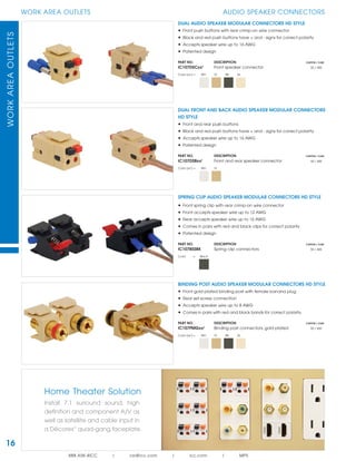 WORKAREAOUTLETS
888.ASK.4ICC | csr@icc.com | icc.com | MPS
16
WORK AREA OUTLETS AUDIO SPEAKER CONNECTORS
DUAL FRONT AND BACK AUDIO SPEAKER MODULAR CONNECTORS
HD STYLE
• Front and rear push buttons
• Black and red push buttons have + and - signs for correct polarity
• Accepts speaker wire up to 16 AWG
• Patented design
PART NO. DESCRIPTION CARTON / CASE
IC107DSBxx¹ Front and rear speaker connector 50 / 400
Color (xx¹) = WH IV
DUAL AUDIO SPEAKER MODULAR CONNECTORS HD STYLE
• Front push buttons with rear crimp-on wire connector
• Black and red push buttons have + and - signs for correct polarity
• Accepts speaker wire up to 16 AWG
• Patented design
PART NO. DESCRIPTION CARTON / CASE
IC107DSCxx¹ Front speaker connector 50 / 400
Color (xx¹) = WH IV BK AL
BINDING POST AUDIO SPEAKER MODULAR CONNECTORS HD STYLE
• Front gold plated binding post with female banana plug
• Rear set-screw connection
• Accepts speaker wire up to 8 AWG
• Comes in pairs with red and black bands for correct polarity
PART NO. DESCRIPTION CARTON / CASE
IC107PMGxx¹ Binding post connectors, gold plated 50 / 400
Color (xx¹) = WH IV BK AL
SPRING CLIP AUDIO SPEAKER MODULAR CONNECTORS HD STYLE
• Front spring clip with rear crimp-on wire connector
• Front accepts speaker wire up to 12 AWG
• Rear accepts speaker wire up to 16 AWG
• Comes in pairs with red and black clips for correct polarity
• Patented design
PART NO. DESCRIPTION CARTON / CASE
IC107BSSBK Spring clip connectors 50 / 400
Color = Black
Home Theater Solution
Install 7.1 surround sound, high
deﬁnition and component A/V as
well as satellite and cable input in
a Décorex
TM
quad-gang faceplate.
 