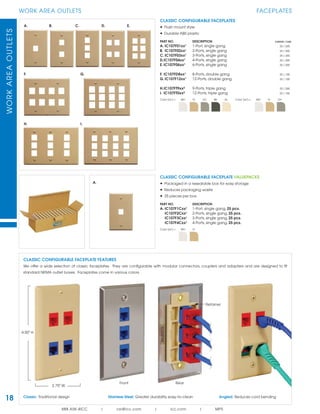 WORKAREAOUTLETS
888.ASK.4ICC | csr@icc.com | icc.com | MPS
18
WORK AREA OUTLETS FACEPLATES
CLASSIC CONFIGURABLE FACEPLATES
• Flush mount style
• Durable ABS plastic
PART NO. DESCRIPTION CARTON / CASE
A. IC107F01xx¹ 1-Port, single gang 25 / 200
B. IC107F02xx¹ 2-Ports, single gang 25 / 200
C. IC107F03xx¹ 3-Ports, single gang 25 / 200
D.IC107F04xx¹ 4-Ports, single gang 25 / 200
E. IC107F06xx¹ 6-Ports, single gang 25 / 200
F. IC107FD8xx¹ 8-Ports, double gang 25 / 100
G. IC107F12xx¹ 12-Ports, double gang 25 / 100
H.IC107FT9xx² 9-Ports, triple gang 25 / 200
I. IC107FT0xx² 12-Ports, triple gang 25 / 100
Color (xx¹) = WH IV GY BK AL Color (xx2
) = WH IV GY
A. B. C. D. E.
F. G.
H. I.
Front Rear
Retainer
Classic: Traditional design Stainless Steel: Greater durability, easy-to-clean Angled: Reduces cord bending
CLASSIC CONFIGURABLE FACEPLATE FEATURES
We offer a wide selection of classic faceplates. They are conﬁgurable with modular connectors, couplers and adapters and are designed to ﬁt
standard NEMA outlet boxes. Faceplates come in various colors.
A.
CLASSIC CONFIGURABLE FACEPLATE VALUEPACKS
• Packaged in a resealable box for easy storage
• Reduces packaging waste
• 25 pieces per box
PART NO. DESCRIPTION
A. IC107F1Cxx¹ 1-Port, single gang, 25 pcs.
IC107F2Cxx¹ 2-Ports, single gang, 25 pcs.
IC107F3Cxx¹ 3-Ports, single gang, 25 pcs.
IC107F4Cxx¹ 4-Ports, single gang, 25 pcs.
Color (xx¹) = WH IV
4.50" H
2.75" W
 