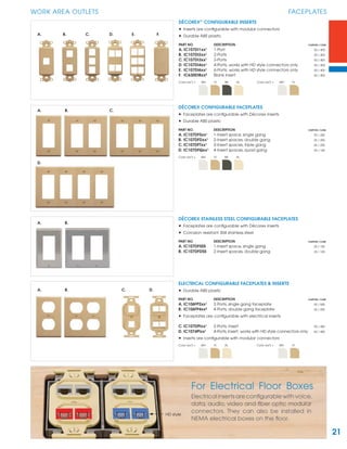 21
WORK AREA OUTLETS FACEPLATES
A. B. C. D. E. F.
A. B. C.
A. B.
A. B. C. D.
D.
DÉCOREX CONFIGURABLE FACEPLATES
• Faceplates are conﬁgurable with Décorex inserts
• Durable ABS plastic
PART NO. DESCRIPTION CARTON / CASE
A. IC107DFSxx¹ 1-Insert space, single gang 25 / 200
B. IC107DFDxx¹ 2-Insert spaces, double gang 25 / 200
C. IC107DFTxx¹ 3-Insert spaces, triple gang 50 / 200
D. IC107DFQxx¹ 4-Insert spaces, quad gang 25 / 100
Color (xx¹) = WH IV BK AL
DÉCOREX STAINLESS STEEL CONFIGURABLE FACEPLATES
• Faceplates are conﬁgurable with Décorex inserts
• Corrosion resistant 304 stainless steel
PART NO. DESCRIPTION CARTON / CASE
A. IC107DFSSS 1-Insert space, single gang 25 / 100
B. IC107DFDSS 2-Insert spaces, double gang 25 / 100
ELECTRICAL CONFIGURABLE FACEPLATES & INSERTS
• Durable ABS plastic
PART NO. DESCRIPTION CARTON / CASE
A. IC106FP2xx¹ 2-Ports, single gang faceplate 25 / 500
B. IC106FP4xx² 4-Ports, double gang faceplate 25 / 250
• Faceplates are conﬁgurable with electrical inserts
C. IC107DPIxx¹ 2-Ports, insert 50 / 400
D. IC1074PIxx¹ 4-Ports, insert; works with HD style connectors only 50 / 400
• Inserts are conﬁgurable with modular connectors
Color (xx¹) = WH IV AL Color (xx2
) = WH IV
DÉCOREX™
CONFIGURABLE INSERTS
• Inserts are conﬁgurable with modular connectors
• Durable ABS plastic
PART NO. DESCRIPTION CARTON / CASE
A. IC107DI1xx¹ 1-Port 50 / 400
B. IC107DI2xx¹ 2-Ports 50 / 400
C. IC107DI3xx¹ 3-Ports 50 / 400
D. IC107DI4xx¹ 4-Ports; works with HD style connectors only 50 / 400
E. IC107DI6xx¹ 6-Ports; works with HD style connectors only 50 / 400
F. IC630DIBxx² Blank insert 50 / 400
Color (xx¹) = WH IV BK AL Color (xx2
) = WH IV
For Electrical Floor Boxes
Electrical inserts are conﬁgurable with voice,
data, audio, video and ﬁber optic modular
connectors. They can also be installed in
NEMA electrical boxes on the ﬂoor.
HD style
 