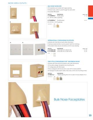 23
WORK AREA OUTLETS
A. B.
BULK NOSE FACEPLATES
• Faceplates are molded with large opening
• Allows bulky cable to pass through the wall outlet
• Durable ABS plastic
PART NO. DESCRIPTION CARTON / CASE
A. IC640BSSxx¹ Single gang 15 / 120
• 1.25" W x 0.90" D opening
B. IC640BDSxx¹ Double gang 10 / 80
• 2.75" W x 1.15" D opening
Color (xx¹) = WH IV
INTERNATIONAL CONFIGURABLE FACEPLATES
• Works with international wall outlet dimensions
• Spring loaded shutters in ports, prevent dust from entering
• Recessed areas above and below ports for easy labeling
PART NO. DESCRIPTION CARTON / CASE
A. IC107EF1WH 1-Port, 86 mm H x 86 mm W 25 / 200
B. IC107EF2WH 2-Ports, 86 mm H x 86 mm W 25 / 200
Color = White
EURO STYLE CONFIGURABLE ELITE™
MULTIMEDIA BOXES
• Works with international European wall outlet dimensions
• Two-piece design, faceplate and mounting box
• Conﬁgurable with Elite bezels
• Box is designed with knockouts to work with raceway systems
• Package includes paper labels, clear view covers and mounting screws
PART NO. DESCRIPTION
IC108CE1xx¹ 1-Bezel opening, 83.5 mm H x 83.5 mm W x 55.626 mm D
Color (xx¹) = WH IV GY
A.
B.
Bulk Nose Faceplates
 