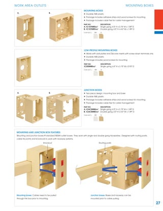 27
WORK AREA OUTLETS MOUNTING BOXES
LOW-PROFILE MOUNTING BOXES
• Works with wall plates and Décorex inserts with screw-down terminals only
• Durable ABS plastic
• Package includes wood screws for mounting
PART NO. DESCRIPTION
IC250MBSxx¹ Single gang, 4.5" H x 2.75" W x 0.93" D
Color (xx¹) = WH IV
JUNCTION BOXES
• Two-piece design; mounting box and base
• Durable ABS plastic
• Package includes adhesive strips and wood screws for mounting
• Package includes cable ties for cable management
PART NO. DESCRIPTION
A. ICACSMBSxx¹ Single gang, 4.5" H x 2.75" W x 1.89" D
B. ICACSMBDxx¹ Double gang, 4.5" H x 4.6" W x 1.89" D
Color (xx¹) = WH IV
MOUNTING BOXES
• Durable ABS plastic
• Package includes adhesive strips and wood screws for mounting
• Package includes cable ties for cable management
PART NO. DESCRIPTION
A. IC107MRSxx¹ Single gang, 4.5" H x 2.75" W x 1.89" D
B. IC107MRDxx¹ Double gang, 4.5" H x 4.6" W x 1.89" D
Color (xx¹) = WH IV
A. B.
A. B.
MOUNTING AND JUNCTION BOX FEATURES
Mounting and junction boxes ﬁt standard NEMA outlet boxes. They work with single and double gang faceplates. Designed with routing posts,
cable tie points and knockouts to work with raceway systems.
Mounting boxes: Cables need to be pulled
through the box prior to mounting.
Junction boxes: Bases and raceway can be
mounted prior to cable pulling.
Routing postsKnockout
 