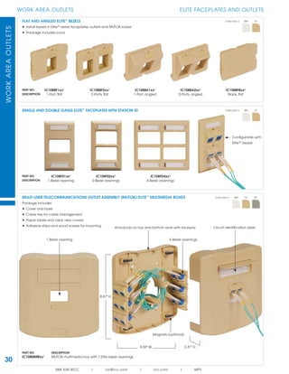 WORKAREAOUTLETS
888.ASK.4ICC | csr@icc.com | icc.com | MPS
30
WORK AREA OUTLETS ELITE FACEPLATES AND OUTLETS
FLAT AND ANGLED ELITE™
BEZELS
• Install bezels in EliteTM
series faceplates, outlets and MUTOA boxes
• Package includes icons
Color (xx¹) = WH IV
PART NO.
DESCRIPTION
IC108BF1xx¹
1-Port, ﬂat
IC108BF2xx¹
2-Ports, ﬂat
IC108BA1xx¹
1-Port, angled
IC108BA2xx¹
2-Ports, angled
IC108BFBxx¹
Blank, ﬂat
MULTI-USER TELECOMMUNICATIONS OUTLET ASSEMBLY (MUTOA) ELITE™
MULTIMEDIA BOXES
Package includes:
• Cover and base
• Cable ties for cable management
• Paper labels and clear view covers
• Adhesive strips and wood screws for mounting
Color (xx¹) = WH IV GY
8.50" W
8.67" H
2.41" D
1-Bezel opening
Circuit identiﬁcation label
6-Bezel openings
Knockouts on top and bottom work with raceway
Magnets (optional)
PART NO. DESCRIPTION
IC108MMBxx¹ MUTOA multimedia box with 7 Elite bezel openings
SINGLE AND DOUBLE GANG ELITE™
FACEPLATES WITH STATION ID Color (xx¹) = WH IV
PART NO.
DESCRIPTION
IC108F01xx¹
1-Bezel opening
IC108F02xx¹
2-Bezel openings
IC108FD4xx¹
4-Bezel openings
Conﬁgurable with
EliteTM
bezels
 