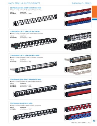 37
PATCH PANELS & CROSS-CONNECT BLANK PATCH PANELS
*1 RMS (rack mount space) = 1.75" H
CONFIGURABLE HIGH DENSITY BLANK PATCH PANEL
• Panel is conﬁgurable with HD style modular connectors
PART NO. DESCRIPTION
IC107BP481 48-Ports blank, 1 RMS*
CONFIGURABLE CAT 6A UTP BLANK PATCH PANEL
• Panel is conﬁgurable with CAT 6A UTP modular connectors
PART NO. DESCRIPTION
IC107PPU6A 24-Ports blank, 1 RMS*
CONFIGURABLE CAT 6A FTP BLANK PATCH PANEL
• Panel is conﬁgurable with CAT 6A FTP modular connectors
PART NO. DESCRIPTION
IC107PPS6A 24-Ports blank, 1 RMS*
CONFIGURABLE HIGH DENSITY BLANK PATCH PANEL
• Panel is conﬁgurable with HD style modular connectors
PART NO. DESCRIPTION
IC107BP241 24-Ports blank, 1 RMS*
IC107BP482 48-Ports blank, 2 RMS*
CONFIGURABLE BLANK PATCH PANEL
• Panel is conﬁgurable with EZ style modular connectors
PART NO. DESCRIPTION
IC107BE241 24-Ports blank, 1 RMS*
 