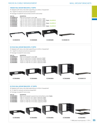 55
RACKS & CABLE MANAGEMENT
ICCMSHBCVR
WALL MOUNT BRACKETS
EZ-FOLD WALL MOUNT BRACKETS, 6" DEPTH
• Designed with heavy duty steel supporting up to 30 lb. of equipment
• 6” depth for network and phone equipment
• Package includes #12 rack screws
PART NO. DESCRIPTION
ICCMSHBCVR Wall mount bracket cover, 1 pc.
ICCMSABR62 3.50” H x 19.30” W x 6” D, 30 lb. capacity, 2 RMS*
ICCMSABR64 7.00” H x 19.30” W x 6” D, 30 lb. capacity, 4 RMS*
ICCMSABR66 10.50” H x 19.30” W x 6” D, 30 lb. capacity, 6 RMS*
ICCMSABR68 14.00” H x 19.30” W x 6” D, 30 lb. capacity, 8 RMS*
ICCMSABR62 ICCMSABR64 ICCMSABR66 ICCMSABR68
*1 RMS (rack mount space) = 1.75" H
ICCMSABRSCICCMSABRS2 ICCMSABRS4 ICCMSABRS6 ICCMSABRS8
EZ-FOLD WALL MOUNT BRACKETS, 15" DEPTH
• Designed with heavy duty steel supporting up to 30 lb. of equipment
• 15” depth for network and phone equipment
• Package includes #12 rack screws
PART NO. DESCRIPTION
ICCMSABRSC Wall mount bracket cover kit, top and bottom covers, 2 pcs.
ICCMSABRS2 3.50” H x 19.30” W x 15” D, 30 lb. capacity, 2 RMS*
ICCMSABRS4 7.00” H x 19.30” W x 15” D, 30 lb. capacity, 4 RMS*
ICCMSABRS6 10.50” H x 19.30” W x 15” D, 30 lb. capacity, 6 RMS*
ICCMSABRS8 14.00” H x 19.30” W x 15” D, 30 lb. capacity, 8 RMS*
ICCMSHBCVR
HINGED WALL MOUNT BRACKETS, 6" DEPTH
• Designed with heavy duty steel supporting up to 40 lb. of equipment
• 6” depth for network and phone equipment
• Package includes #10 wood screws and #12 rack screws
PART NO. DESCRIPTION
ICCMSHBCVR Wall mount bracket cover, 1 pc.
ICCMSHB1RS 1.75” H x 19.31” W x 6” D, 10 lb. capacity, 1 RMS*
ICCMSHB1RC 1.75” H x 19.31” W x 6” D, 10 lb. capacity, 1 RMS*, 2 pcs. VALUEPACK
ICCMSHB2RS 3.50” H x 19.31” W x 6” D, 20 lb. capacity, 2 RMS*
ICCMSHB2RC 3.50” H x 19.31” W x 6” D, 20 lb. capacity, 2 RMS*, 2 pcs. VALUEPACK
ICCMSHB4RS 7.00” H x 19.31” W x 6” D, 40 lb. capacity, 4 RMS*
ICCMSHB4RC 7.00” H x 19.31” W x 6” D, 40 lb. capacity, 4 RMS*, 2 pcs. VALUEPACK
ICCMSHB1RS ICCMSHB2RS ICCMSHB4RS
 