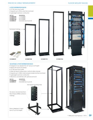 59
RACKS & CABLE MANAGEMENT FLOOR MOUNT RACKS
2-POST DISTRIBUTION RACKS
• 19” EIA rack mount width
• Supports up to 750 lb. when ﬂoor anchored
• Lightweight aluminum construction
PART NO. DESCRIPTION
ICCMSR1984 7' H, 45 RMS*
ICCMSR1972 6' H, 38 RMS*
ICCMSR1948 4' H, 24 RMS*
ICCMSRFLKT Concrete rack mount kit
Roll tapped mounting holes
*1 RMS (rack mount space) = 1.75" H
ICCMSR1948 ICCMSR1972 ICCMSR1984
ADJUSTABLE 4-POST DISTRIBUTION RACK
• Designed to be adjusted from 27" and up to 32" depth
• Works with 4-post rack shelves
• 19” EIA rack mount width
• Side rail holes for linking racks or vertical cable channels
• Supports up to 1500 lb. when properly loaded and ﬂoor anchored
• Lightweight aluminum construction
• Mounts to concrete ﬂoor with optional anchor kit
PART NO. DESCRIPTION
ICCMSR4P84 7' H, 45 RMS*
ICCMSRFLKT Concrete rack mount kit
Rack is designed to adjust
from 27" up to 32" depth
ICCMSRFLKT
The rails on all racks have Rack
Mount Space (RMS) numbered
markings
Numbered markings
 