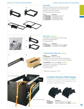 65
RACKS & CABLE MANAGEMENT METAL RINGS AND ACCESSORIES
METAL RINGS
• Mount on the sides of racks to route cable vertically
• Available with single-sided and double-sided rings
• Metal construction for durability
• Package includes #12 rack screws
PART NO. DESCRIPTION
A. ICCMSCMPR1 1.70" single-sided, vertical
B. ICCMSCMPR2 3" single-sided, vertical
C. ICCMSCMPR3 3" double-sided, vertical
D. ICCMSCMPR4 6" double-sided, vertical
METAL RING VALUEPACKS
• Packaged in a resealable bag for easy storage
• Reduces packaging waste
• 10 pieces per box
PART NO. DESCRIPTION
A. ICCMSCMPT1 1.70" single-sided, vertical, 10 pcs.
B. ICCMSCMPT2 3" single-sided, vertical, 10 pcs.
A.
B.
C. D.
"L" BRACKET PANEL, SINGLE AND VALUEPACK
PART NO. DESCRIPTION
A. ICCMSCMPL1 0.95" H x 6" W, 1 pc.
• Designed to mount to any EIA compliant hole spacing
• Provides custom vertical or horizontal cable management
B. ICCMSCMPLC 0.95" H x 6" W, 25 pcs. VALUEPACK
• Packaged in a resealable box for easy storage
• Reduces packaging waste
• 25 pieces per box
*1 RMS (rack mount space) = 1.75" H
A. B.
Cable Radius Manager
Cable radius manager sits on the side or mounts
on the front of wall mount and distribution racks
to support cable bend radius.
PART NO. DESCRIPTION
ICCMSRMU02 Radius management units, 2 pcs.
ICCMSRMU1C Radius management units, 20 pcs.VALUEPACK
Fits on the side of racks
Fits on the front of racks
A. B.
 