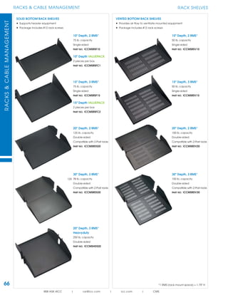 66
RACKS & CABLE MANAGEMENTRACKS&CABLEMANAGEMENT
888.ASK.4ICC | csr@icc.com | icc.com | CMS
RACK SHELVES
*1 RMS (rack mount space) = 1.75" H
SOLID BOTTOM RACK SHELVES
• Supports heavier equipment
• Package includes #12 rack screws
10" Depth, 2 RMS*
75 lb. capacity
Single-sided
PART NO. ICCMSRSF10
10" Depth VALUEPACK
2 pieces per box
PART NO. ICCMSRSFC1
15" Depth, 3 RMS*
75 lb. capacity
Single-sided
PART NO. ICCMSRSF15
15" Depth VALUEPACK
2 pieces per box
PART NO. ICCMSRSFC2
20" Depth, 2 RMS*
125 lb. capacity
Double-sided
Compatible with 2-Post racks
PART NO. ICCMSRDS20
30" Depth, 3 RMS*
75 lb. capacity
Double-sided
Compatible with 2-Post racks
PART NO. ICCMSRDS30
20" Depth, 3 RMS*
Heavyduty
250 lb. capacity
Double-sided
PART NO. ICCMSHDS20
VENTED BOTTOM RACK SHELVES
• Provides air ﬂow to ventilate mounted equipment
• Package includes #12 rack screws
10" Depth, 2 RMS*
50 lb. capacity
Single-sided
PART NO. ICCMSRSV10
15" Depth, 3 RMS*
50 lb. capacity
Single-sided
PART NO. ICCMSRSV15
20" Depth, 2 RMS*
100 lb. capacity
Double-sided
Compatible with 2-Post racks
PART NO. ICCMSRDV20
30" Depth, 3 RMS*
100 lb. capacity
Double-sided
Compatible with 2-Post racks
PART NO. ICCMSRDV30
125
 