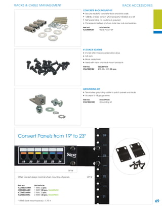 69
RACKS & CABLE MANAGEMENT
#12 RACK SCREWS
• #12-24 UNC thread combination drive
• 5/8 inch
• Black oxide ﬁnish
• Used with racks and rack mount products
PART NO. DESCRIPTION
ICACSS01BK #12-24 x 5/8", 25 pcs.
CONCRETE RACK MOUNT KIT
• Secures racks to concrete ﬂoors and brick walls
• 1200 lb. of load tension when properly installed as a kit
• Self expanding, no caulking is required
• Package includes 4 anchors, rods, hex nuts and washers
PART NO. DESCRIPTION
ICCMSRFLKT Rack mount kit
GROUNDING KIT
• Terminates grounding cable to patch panels and racks
• Accepts 6~14 gauge wires
PART NO. DESCRIPTION
ICACSGKS00 Grounding kit
RACK ACCESSORIES
19" W
23" W
Convert Panels from 19" to 23"
PART NO. DESCRIPTION
ICCMSCBARM 1 RMS*, 2 pcs.
ICCMSCBARC 1 RMS*, 20 pcs. VALUEPACK
ICCMSCBBRM 2 RMS*, 2 pcs.
ICCMSCBBRC 2 RMS*, 20 pcs. VALUEPACK
*1 RMS (rack mount space) = 1.75" H
Offset bracket design maintains ﬂush mounting of panels
 