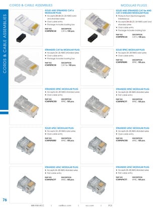 76
CORDS & CABLE ASSEMBLIESCORDS&CABLEASSEMBLIES
888.ASK.4ICC | csr@icc.com | icc.com | PCS
MODULAR PLUGS
STRANDED CAT 5e MODULAR PLUG
• Accepts 24~26 AWG stranded wires
• Oval cable entry
• Package includes loading bar
PART NO. DESCRIPTION
ICMP8P8C5E CAT 5e, 100 pcs.
STRANDED 8P8C MODULAR PLUG
• Accepts 24~28 AWG stranded wires
• Oval cable entry
PART NO. DESCRIPTION
ICMP8P8CRD 8P8C, 100 pcs.
STRANDED 8P8C MODULAR PLUG
• Accepts 24~28 AWG stranded wires
• Flat cable entry
PART NO. DESCRIPTION
ICMP8P8CFT 8P8C, 100 pcs.
SOLID 8P8C MODULAR PLUG
• Accepts 24~28 AWG solid wires
• Oval cable entry
PART NO. DESCRIPTION
ICMP8P8SRD 8P8C, 100 pcs.
SOLID AND STRANDED CAT 6
MODULAR PLUG
• Accepts 24~26 23~24 AWG solid
and stranded wires
• Oval cable entry
• Package includes loading bar
PART NO. DESCRIPTION
ICMP8P8C6E CAT 6, 100 pcs.
SOLID AND STRANDED CAT 5e AND
CAT 6 SHIELDED MODULAR PLUG
• Protects from Electromagnetic
Interference
• Accepts 24~26 23~24 AWG solid and
stranded wires
• Oval cable entry
• Package includes loading bar
PART NO. DESCRIPTION
ICMP8P8C6S CAT 6, 100 pcs.
STRANDED 6P6C MODULAR PLUG
• Accepts 24~28 AWG stranded wires
• Flat cable entry
PART NO. DESCRIPTION
ICMP6P6CFT 6P6C, 100 pcs.
STRANDED 6P4C MODULAR PLUG
• Accepts 24~28 AWG stranded wires
• Flat cable entry
PART NO. DESCRIPTION
ICMP6P4CFT 6P4C, 100 pcs.
SOLID 6P6C MODULAR PLUG
• Accepts 24~28 AWG solid wires
• Oval cable entry
PART NO. DESCRIPTION
ICMP6P6SRD 6P6C, 100 pcs.
STRANDED 6P6C MODULAR PLUG
• Accepts 24~28 AWG stranded wires
• Oval cable entry
PART NO. DESCRIPTION
ICMP6P6CRD 6P6C, 100 pcs.
 