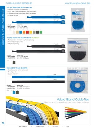 78
CORDS & CABLE ASSEMBLIESCORDS&CABLEASSEMBLIES
888.ASK.4ICC | csr@icc.com | icc.com | PCS
VELCRO®
BRAND CABLE TIES
VELCRO®
BRAND ONE WRAP®
CABLE TIES
• Designed for secure cable fastening
• Quick, easy cable management and color-coding
• Comes individually perforated; tear off as needed
• 10 pieces per bag
BULK VELCRO®
BRAND CABLE TIES
• 1 continuous roll; cut off as needed
• 75 feet per roll
• Durable material
VELCRO®
BRAND ONE WRAP®
CABLE TIE VALUEPACKS
• Packaged in a resealable bag for easy storage
• Reduces packaging waste
• 100 pieces per bag
Velcro®
Brand Cable Ties
Make cable management and color coding quick and easy.
PART NO. DESCRIPTION
A. ICACSVB8BK 8" L x 0.5" W, 100 pcs.
B. ICACSVBTBK 12" L x 0.5" W, 100 pcs.
Color = BK
PART NO. DESCRIPTION
A. ICACSV75BL 75' L x 0.5" W, 1 roll, blue
B. ICACSV75BK 75' L x 0.5" W, 1 roll, black
Color = BL BK
PART NO. DESCRIPTION
A. ICACSV08xx¹ 8" L x 0.5" W, 10 pcs.
B. ICACSV12xx¹ 12" L x 0.5" W, 10 pcs.
Color (xx¹) = WH IV BL OR RD YL GY BK GN
8” length
12” length
8” length
12” length
Blue
Black
 
