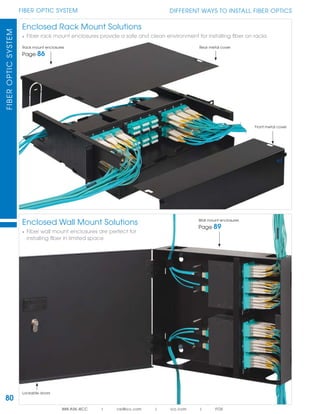80
FIBER OPTIC SYSTEMFIBEROPTICSYSTEM
888.ASK.4ICC | csr@icc.com | icc.com | FOS
Enclosed Rack Mount Solutions
• Fiber rack mount enclosures provide a safe and clean environment for installing ﬁber on racks
Enclosed Wall Mount Solutions
• Fiber wall mount enclosures are perfect for
installing ﬁber in limited space
DIFFERENT WAYS TO INSTALL FIBER OPTICS
Wall mount enclosures
Page 89
Rack mount enclosures
Page 86
Lockable doors
Rear metal cover
Front metal cover
 