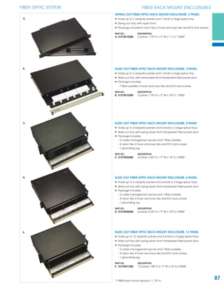 87
FIBER OPTIC SYSTEM FIBER RACK MOUNT ENCLOSURES
SLIDE-OUT FIBER OPTIC RACK MOUNT ENCLOSURE, 3 PANEL
• Holds up to 3 adapter panels and 1 small or large splice tray
• Slide-out tray with removable front transparent ﬂexi-panel door
• Package includes:
- 7 ﬁber saddles, 4 hook and loop ties and #12 rack screws
PART NO. DESCRIPTION
B. ICFOR103BK 3 panel, 1.75" H x 17" W x 14" D, 1 RMS*
SLIDE-OUT FIBER OPTIC RACK MOUNT ENCLOSURE, 4 PANEL
• Holds up to 4 adapter panels and 4 small or 2 large splice trays
• Slide-out tray with swing-down front transparent ﬂexi-panel door
• Package includes:
- 2 cable management spools and 7 ﬁber saddles
- 4 nylon ties, 4 hook and loop ties and #12 rack screws
- 1 grounding lug
PART NO. DESCRIPTION
C. ICFOR204BK 4 panel, 3.50" H x 17" W x 14" D, 2 RMS*
SLIDE-OUT FIBER OPTIC RACK MOUNT ENCLOSURE, 6 PANEL
• Holds up to 6 adapter panels and 6 small or 3 large splice trays
• Slide-out tray with swing-down front transparent ﬂexi-panel door
• Package includes:
- 2 cable management spools and 7 ﬁber saddles
- 4 nylon ties, 4 hook and loop ties and #12 rack screws
- 1 grounding lug
PART NO. DESCRIPTION
D. ICFOR306BK 6 panel, 5.25" H x 17" W x 14" D, 3 RMS*
SWING-OUT FIBER OPTIC RACK MOUNT ENCLOSURE, 2 PANEL
• Holds up to 2 adapter panels and 1 small or large splice tray
• Swing-out tray with open front
• Package includes 8 nylon ties, 2 hook and loop ties and #12 rack screws
PART NO. DESCRIPTION
A. ICFOR102BK 2 panel, 1.75" H x 17" W x 11" D, 1 RMS*
SLIDE-OUT FIBER OPTIC RACK MOUNT ENCLOSURE, 12 PANEL
• Holds up to 12 adapter panels and 8 small or 4 large splice trays
• Slide-out tray with swing-down front transparent ﬂexi-panel door
• Package includes:
- 2 cable management spools and 7 ﬁber saddles
- 4 nylon ties, 4 hook and loop ties and #12 rack screws
- 1 grounding lug
PART NO. DESCRIPTION
E. ICFOR412BK 12 panel, 7.00" H x 17" W x 14" D, 4 RMS*
*1 RMS (rack mount space) = 1.75" H
A.
B.
C.
D.
E.
 