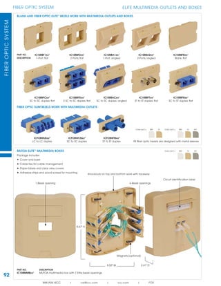 92
FIBER OPTIC SYSTEMFIBEROPTICSYSTEM
888.ASK.4ICC | csr@icc.com | icc.com | FOS
ELITE MULTIMEDIA OUTLETS AND BOXES
PART NO.
DESCRIPTION
IC108BF1xx¹
1-Port, ﬂat
IC108BF2xx¹
2-Ports, ﬂat
IC108BA1xx¹
1-Port, angled
IC108BA2xx¹
2-Ports, angled
IC108BFBxx¹
Blank, ﬂat
IC108BFCxx¹
SC to SC duplex, ﬂat
IC108BFDxx¹
2 SC to SC duplex, ﬂat
IC108BACxx¹
SC to SC duplex, angled
IC108BFTxx¹
ST to ST duplex, ﬂat
IC108BFBxx¹
SC to ST duplex, ﬂat
Color (xx¹) = WH IV
ICFOBWLBxx2
LC to LC duplex
ICFOBWCBxx2
SC to SC duplex
ICFOBWTBxx2
ST to ST duplex
Color (xx2
) = WH IV GY
FIBER OPTIC SLIM BEZELS WORK WITH MULTIMEDIA OUTLETS
BLANK AND FIBER OPTIC ELITE™
BEZELS WORK WITH MULTIMEDIA OUTLETS AND BOXES
All ﬁber optic bezels are designed with metal sleeves
MUTOA ELITE™
MULTIMEDIA BOXES
Package includes:
• Cover and base
• Cable ties for cable management
• Paper labels and clear view covers
• Adhesive strips and wood screws for mounting
Color (xx¹) = WH IV GY
8.50" W
8.67" H
2.41" D
1-Bezel opening
Circuit identiﬁcation label
6-Bezel openings
Knockouts on top and bottom work with raceway
Magnets (optional)
PART NO. DESCRIPTION
IC108MMBxx¹ MUTOA multimedia box with 7 Elite bezel openings
 
