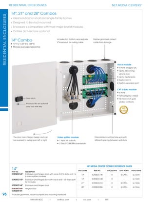 96
RESIDENTIAL ENCLOSURESRESIDENTIALENCLOSURES
888.ASK.4ICC | csr@icc.com | icc.com | SRS
NET.MEDIA CENTERS
TM
14", 21" and 28" Combos
• Ideal solution for small and single-family homes
• Designed to be stud mounted
• Enclosure is compatible with most major brand modules
• Cables pictured are optional
Voice module
• 8-Ports, bridged IDC
• Up to 4 incoming
phone lines
• Up to 8 extensions
• Built-in RJ31X
• Built-in expansion port
Rubber grommets protect
cable from damage
The door has a hinged design and can
be reversed to swing open left or right
Extendable mounting tabs work with
different spacing between wall studs
Includes top, bottom, rear and side
2" knockouts for routing cable
Knockout for an optional
door lock with key
CAT 6 data module
• 8-Ports
• TIA Category 6 rated
• 50 micro-inch gold
plated contacts
Video splitter module
• 1 input x 6 outputs
• 2 GHz, 5~2300 MHz bandwidth
Door latch
14" Combo
• 14" H x 14.25" W x 3.68" D
• Modules packaged separately
NET.MEDIA CENTER COMBO REFERENCE GUIDE
ENCLOSURE PART NO. VOICE PORTS DATA PORTS VIDEO PORTS
14" ICRESDC14K 8 8, CAT 6 6, 2 GHz
14" ICRESDC14D 8 - 6, 2 GHz
21" ICRESDC21K 8 8, CAT 6 6, 2 GHz
28" ICRESDC28K 8 8, CAT 6 6, 2 GHz
14"
PART NO. DESCRIPTION
ICRESDC14K* Enclosure and hinged door with voice, CAT 6 data and 1 x
6 video splitter modules
ICRESDC14D* Enclosure and hinged door with voice and 1 x 6 video split-
ter modules
ICRESDC14E* Enclosure and hinged door
ICRESDC14H Hinged door
ICRESDR14H
*Includes grommets, rubber bumpers and mounting hardware
 