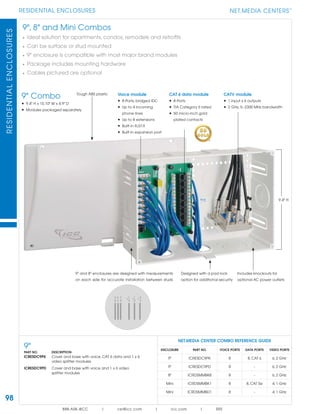 98
RESIDENTIAL ENCLOSURESRESIDENTIALENCLOSURES
888.ASK.4ICC | csr@icc.com | icc.com | SRS
NET.MEDIA CENTERS
TM
9", 8" and Mini Combos
• Ideal solution for apartments, condos, remodels and retroﬁts
• Can be surface or stud mounted
• 9" enclosure is compatible with most major brand modules
• Package includes mounting hardware
• Cables pictured are optional
Voice module
• 8-Ports, bridged IDC
• Up to 4 incoming
phone lines
• Up to 8 extensions
• Built-in RJ31X
• Built-in expansion port
CAT 6 data module
• 8-Ports
• TIA Category 6 rated
• 50 micro-inch gold
plated contacts
CATV module
• 1 input x 6 outputs
• 2 GHz, 5~2300 MHz bandwidth
Designed with a pad lock
option for additional security
9.4" H
9" Combo
• 9.4" H x 15.10" W x 4.9" D
• Modules packaged separately
Tough ABS plastic
Includes knockouts for
optional AC power outlets
9" and 8" enclosures are designed with measurements
on each side for accurate installation between studs
NET.MEDIA CENTER COMBO REFERENCE GUIDE
ENCLOSURE PART NO. VOICE PORTS DATA PORTS VIDEO PORTS
9" ICRESDC9PK 8 8, CAT 6 6, 2 GHz
9" ICRESDC9PD 8 - 6, 2 GHz
8" ICRDSMMBK8 8 - 6, 2 GHz
Mini ICRDSMMBK1 8 8, CAT 5e 4, 1 GHz
Mini ICRDSMMBD1 8 - 4, 1 GHz
9"
PART NO. DESCRIPTION
ICRESDC9PK Cover and base with voice, CAT 6 data and 1 x 6
video splitter modules
ICRESDC9PD Cover and base with voice and 1 x 6 video
splitter modules
 