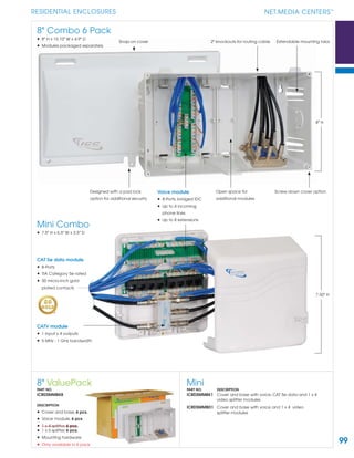 99
RESIDENTIAL ENCLOSURES NET.MEDIA CENTERS
TM
Mini
PART NO. DESCRIPTION
ICRDSMMBK1 Cover and base with voice, CAT 5e data and 1 x 4
video splitter modules
ICRDSMMBD1 Cover and base with voice and 1 x 4 video
splitter modules
8" ValuePack
PART NO.
ICRDSMMBK8
DESCRIPTION
• Cover and base, 6 pcs.
• Voice module, 6 pcs.
• 1 x 4 splitter, 6 pcs.
• 1 x 6 splitter, 6 pcs.
• Mounting hardware
• Only available in 6 pack
CAT 5e data module
• 8-Ports
• TIA Category 5e rated
• 50 micro-inch gold
plated contacts
Designed with a pad lock
option for additional security
Screw-down cover option
Extendable mounting tabsSnap-on cover
Open space for
additional modules
8" Combo 6 Pack
• 8" H x 15.10" W x 4.9" D
• Modules packaged separately
Mini Combo
• 7.5" H x 6.5" W x 3.5" D
CATV module
• 1 input x 4 outputs
• 5 MHz - 1 GHz bandwidth
2" knockouts for routing cable
7.50" H
8" H
Voice module
• 8-Ports, bridged IDC
• Up to 4 incoming
phone lines
• Up to 8 extensions
 