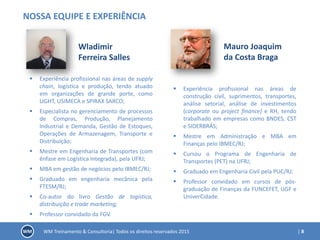 | 8WM Treinamento & Consultoria| Todos os direitos reservados 2015
NOSSA EQUIPE E EXPERIÊNCIA
Wladimir
Ferreira Salles
 Experiência profissional nas áreas de supply
chain, logística e produção, tendo atuado
em organizações de grande porte, como
LIGHT, USIMECA e SPIRAX SARCO;
 Especialista no gerenciamento de processos
de Compras, Produção, Planejamento
Industrial e Demanda, Gestão de Estoques,
Operações de Armazenagem, Transporte e
Distribuição;
 Mestre em Engenharia de Transportes (com
ênfase em Logística Integrada), pela UFRJ;
 MBA em gestão de negócios pelo IBMEC/RJ;
 Graduado em engenharia mecânica pela
FTESM/RJ;
 Co-autor do livro Gestão de logística,
distribuição e trade marketing;
 Professor convidado da FGV.
 Experiência profissional nas áreas de
construção civil, suprimentos, transportes,
análise setorial, análise de investimentos
(corporate ou project finance) e RH, tendo
trabalhado em empresas como BNDES, CST
e SIDERBRÁS;
 Mestre em Administração e MBA em
Finanças pelo IBMEC/RJ;
 Cursou o Programa de Engenharia de
Transportes (PET) na UFRJ;
 Graduado em Engenharia Civil pela PUC/RJ;
 Professor convidado em cursos de pós-
graduação de Finanças da FUNCEFET, UGF e
UniverCidade.
Mauro Joaquim
da Costa Braga
 