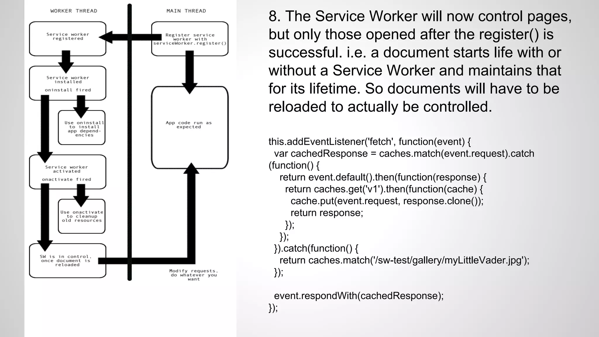8. The Service Worker will now control pages,
but only those opened after the register() is
successful. i.e. a document starts life with or
without a Service Worker and maintains that
for its lifetime. So documents will have to be
reloaded to actually be controlled.
this.addEventListener('fetch', function(event) {
var cachedResponse = caches.match(event.request).catch
(function() {
return event.default().then(function(response) {
return caches.get('v1').then(function(cache) {
cache.put(event.request, response.clone());
return response;
});
});
}).catch(function() {
return caches.match('/sw-test/gallery/myLittleVader.jpg');
});
event.respondWith(cachedResponse);
});
 
