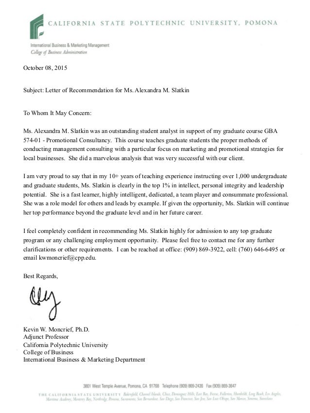 letter of recommendation ms alexandra m slatkin 10 08 2015 letter of recommendation for masters