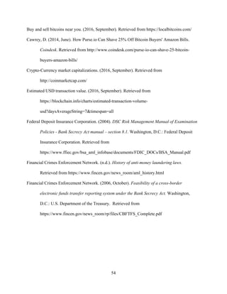 54
Buy and sell bitcoins near you. (2016, September). Retrieved from https://localbitcoins.com/
Cawrey, D. (2014, June). How Purse.io Can Shave 25% Off Bitcoin Buyers' Amazon Bills.
Coindesk. Retrieved from http://www.coindesk.com/purse-io-can-shave-25-bitcoin-
buyers-amazon-bills/
Crypto-Currency market capitalizations. (2016, September). Retrieved from
http://coinmarketcap.com/
Estimated USD transaction value. (2016, September). Retrieved from
https://blockchain.info/charts/estimated-transaction-volume-
usd?daysAverageString=7&timespan=all
Federal Deposit Insurance Corporation. (2004). DSC Risk Management Manual of Examination
Policies - Bank Secrecy Act manual – section 8.1. Washington, D.C.: Federal Deposit
Insurance Corporation. Retrieved from
https://www.ffiec.gov/bsa_aml_infobase/documents/FDIC_DOCs/BSA_Manual.pdf
Financial Crimes Enforcement Network. (n.d.). History of anti-money laundering laws.
Retrieved from https://www.fincen.gov/news_room/aml_history.html
Financial Crimes Enforcement Network. (2006, October). Feasibility of a cross-border
electronic funds transfer reporting system under the Bank Secrecy Act. Washington,
D.C.: U.S. Department of the Treasury. Retrieved from
https://www.fincen.gov/news_room/rp/files/CBFTFS_Complete.pdf
 