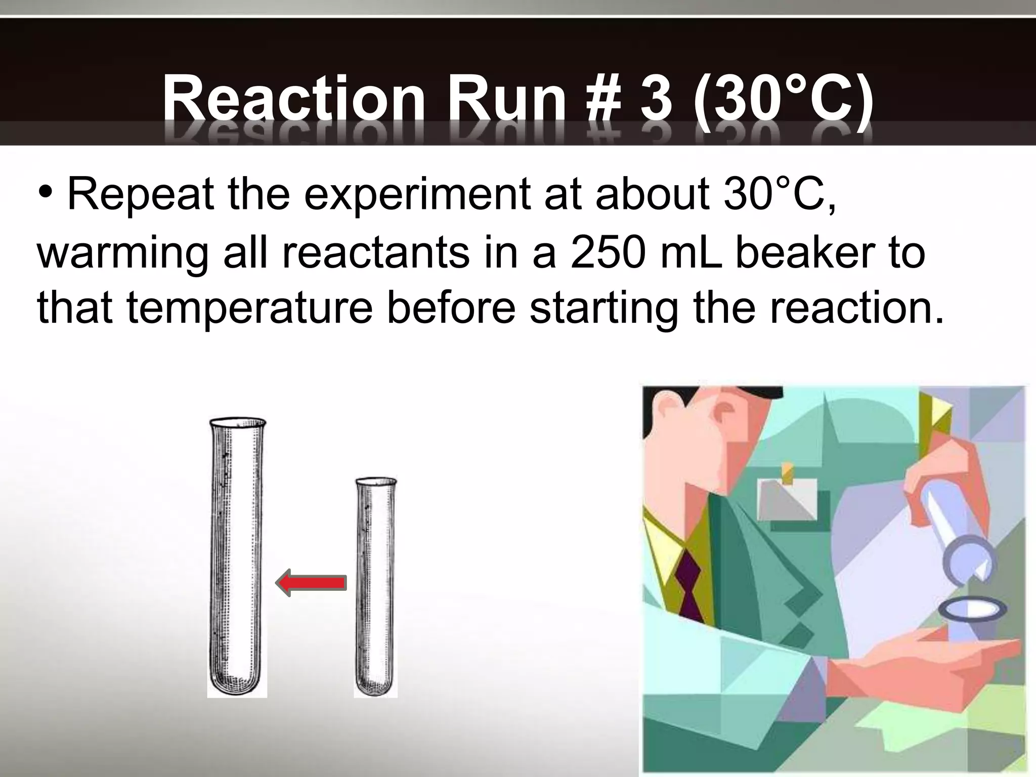 Reaction Run # 3 (30°C)
• Repeat the experiment at about 30°C,
warming all reactants in a 250 mL beaker to
that temperature before starting the reaction.
 