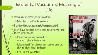 Existential Vacuum & Meaning of
Life
Vacuum-void/emptiness within
Manifest itself in boredom
Sunday Neuroses; mask/compensated
Man have to make choices; nothing will tell
them what to do
Can choose for oneself or
conform/totalitarianism
Meaning differs from person to person,
day to day, hour to hour
LIVE in the MOMENT
14
 