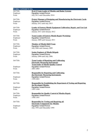 WORK EXPERIENCES:
Job Title : R & D Team Leader of Missiles and Radar Systems
Employer : Egyptian Armed Forces
From : July 2013 until December 2014
Job Title : Project Manager of Designing and Manufacturing the Electronic Cards
Employer : Egyptian Armed Forces
From : January 2012 until July 2013
Job Title : Leader of Eastern Missile Equipment Calibration, Repair, and Test Lab
Employer : Egyptian Armed Forces
From : January 2011 until January 2012
Job Title : Team Leader of Eastern Missile Repair Workshop
Employer : Egyptian Armed Forces
From : January 2009 until January 2011
Job Title : Member of Missile R&D Team
Employer : Egyptian Armed Forces
From : July 2006 until January 2009
Job Title : Senior Engineer of Missile Brigade
Employer : Egyptian Armed Forces
From : January 2004 until July 2006
Job Title : Team Leader of Repairing and Calibrating
Electronic Measuring Instruments
Team leader of Missile Quality Control
Employer : Egyptian Armed Forces
From : 2001-2003
Job Title : Responsible for Repairing and Calibrating
the Electronic Measuring Instruments
Employer : Egyptian Armed Forces
From : 1999-2001
Job Title : Responsible for Establishing the Department of Testing and Repairing
the Developed Missiles
Employer : Egyptian Armed Forces
From : 1997-1998
Job Title : Responsible for Quality Control of Missiles Repair
Employer : Egyptian Armed Forces
From : 1996-1997
Job Title : Responsible for Testing and Repairing all
Electronic Components for Missiles
Employer : Egyptian Armed Forces
From : July 1993 until December 1995
2
 