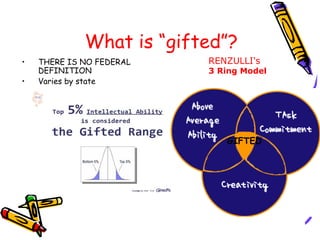 What is “gifted”?
• THERE IS NO FEDERAL
DEFINITION
• Varies by state
RENZULLI's
3 Ring Model
GIFTED
 