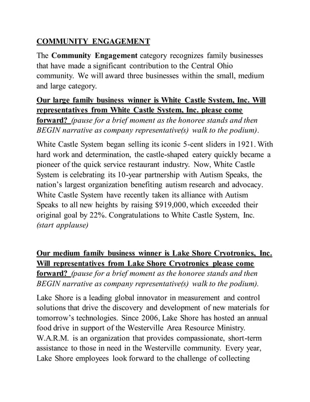COMMUNITY ENGAGEMENT Award Script | PDF