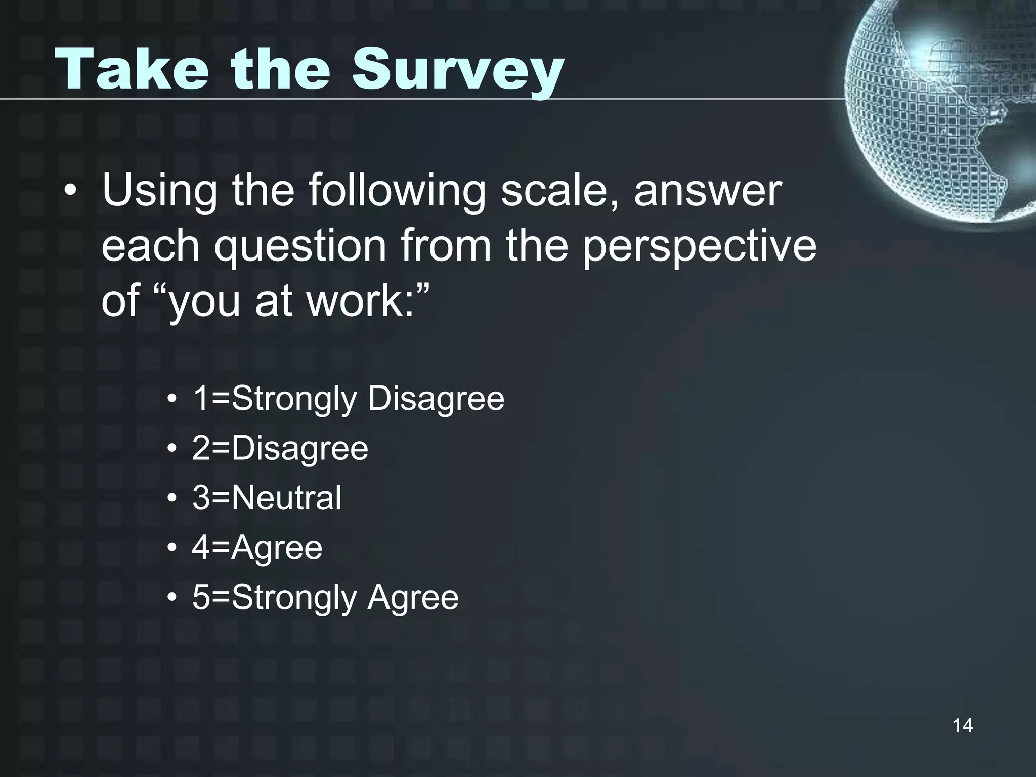 14
Take the Survey
• Using the following scale, answer
each question from the perspective
of “you at work:”
• 1=Strongly Disagree
• 2=Disagree
• 3=Neutral
• 4=Agree
• 5=Strongly Agree
 