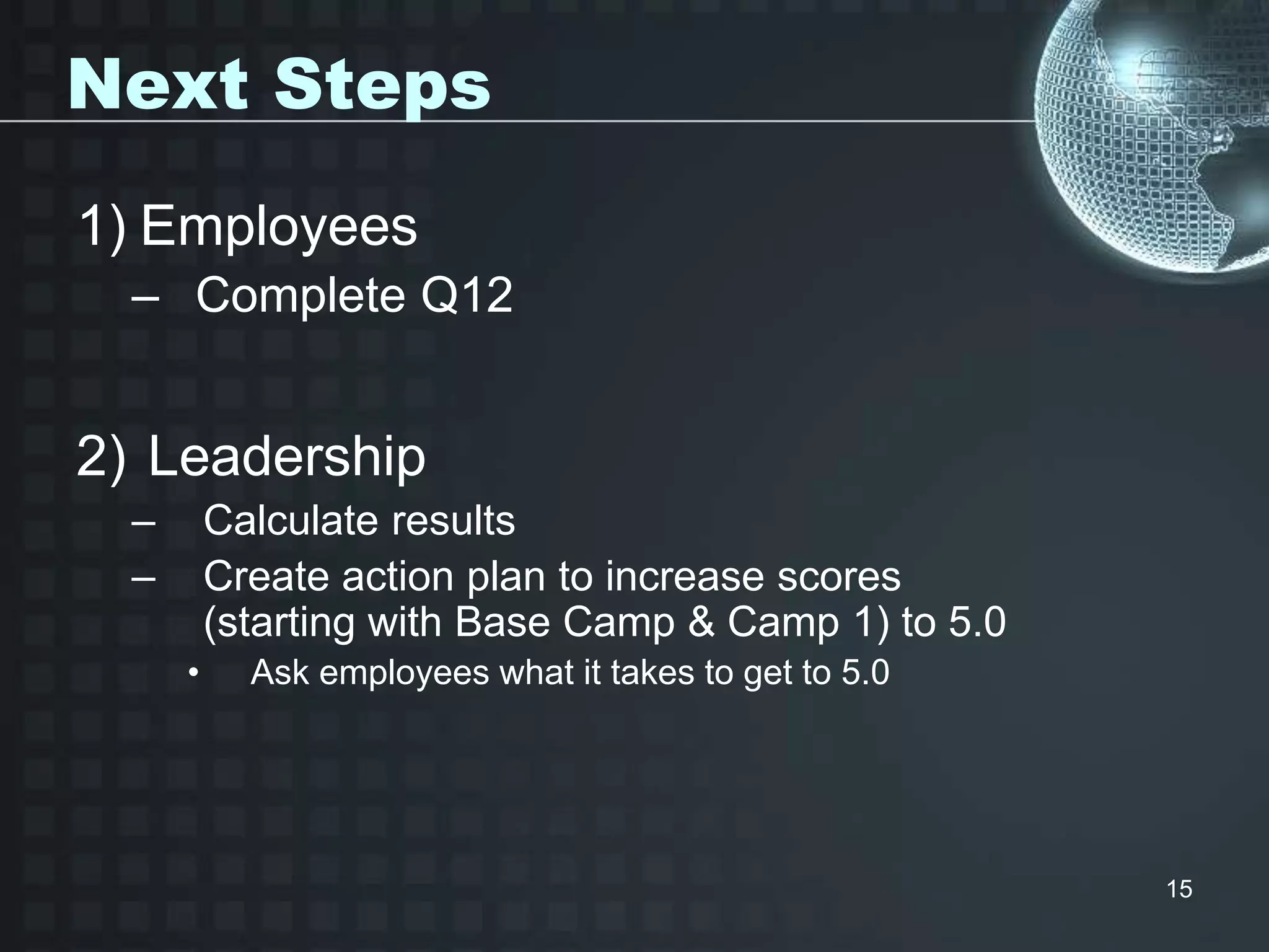 15
Next Steps
1) Employees
– Complete Q12
2) Leadership
– Calculate results
– Create action plan to increase scores
(starting with Base Camp & Camp 1) to 5.0
• Ask employees what it takes to get to 5.0
 