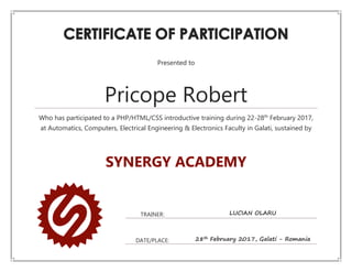 Pricope Robert
Who has participated to a PHP/HTML/CSS introductive training during 22-28th
February 2017,
at Automatics, Computers, Electrical Engineering & Electronics Faculty in Galati, sustained by
SYNERGY ACADEMY
TRAINER: LUCIAN OLARU
DATE/PLACE: 28th February 2017, Galati - Romania
Presented to
 