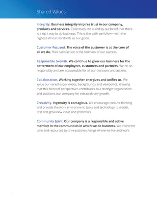 2
Integrity. Business integrity inspires trust in our company,
products and services. Collectively, we stand by our belief that there
is a right way to do business. This is the path we follow—with the
highest ethical standards as our guide.
Customer-Focused. The voice of the customer is at the core of
all we do. Their satisfaction is the hallmark of our success.
Responsible Growth. We continue to grow our business for the
betterment of our employees, customers and partners. We do so
responsibly and are accountable for all our decisions and actions.
Collaboration. Working together energizes and unifies us. We
value our varied experiences, backgrounds and viewpoints, knowing
that this blend of perspectives contributes to a stronger organization
and positions our company for extraordinary growth.
Creativity. Ingenuity is contagious. We encourage creative thinking
and provide the work environment, tools and technology to model,
test and grow new ideas and processes.
Community Spirit. Our company is a responsible and active
member in the communities in which we do business. We invest the
time and resources to drive positive change where we live and work.
Shared Values
 