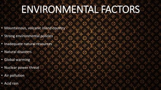 ENVIRONMENTAL FACTORS
• Mountainous, volcanic island country
• Strong environmental policies
• Inadequate natural resources
• Natural disasters
• Global warming
• Nuclear power threat
• Air pollution
• Acid rain
 