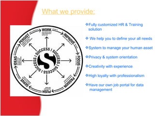 Fully customized HR & Training
solution
 We help you to define your all needs
System to manage your human asset
Privacy & system orientation
Creativity with experience
High loyalty with professionalism
Have our own job portal for data
management
What we provide:
 