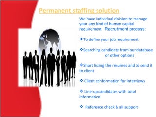 Permanent staffing solution
We have individual division to manage
your any kind of human capital
requirement Recruitment process:
To define your job requirement
Searching candidate from our database
or other options
Short listing the resumes and to send it
to client
 Client conformation for interviews
 Line-up candidates with total
information
 Reference check & all support
 
