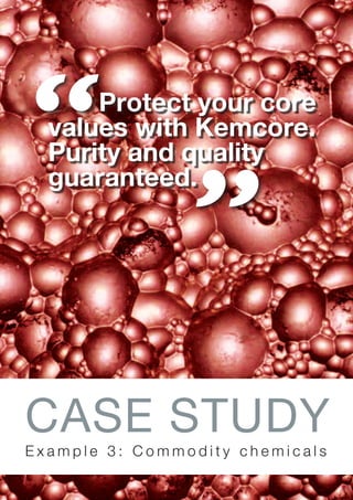 Protect your core
values with Kemcore.
Purity and quality
guaranteed.
E x a m p l e 3 : C o m m o d i t y c h e m i c a l s
CASE STUDY
 