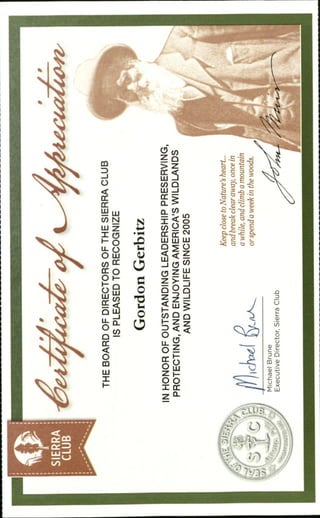 Certificate of Appreciation Sierra Club