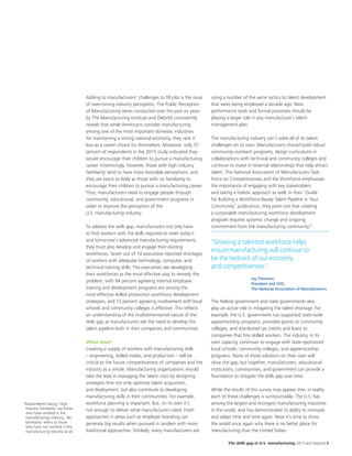 The skills gap in U.S. manufacturing 2015 and beyond 3
Adding to manufacturers’ challenges to fill jobs is the issue
of overcoming industry perception. The Public Perception
of Manufacturing series conducted over the past six years
by The Manufacturing Institute and Deloitte consistently
reveals that while Americans consider manufacturing
among one of the most important domestic industries
for maintaining a strong national economy, they rank it
low as a career choice for themselves. Moreover, only 37
percent of respondents in the 2015 study indicated they
would encourage their children to pursue a manufacturing
career. Interestingly, however, those with high industry
familiarityi
tend to have more favorable perceptions, and
they are twice as likely as those with no familiarity to
encourage their children to pursue a manufacturing career.
Thus, manufacturers need to engage people through
community, educational, and government programs in
order to improve the perception of the
U.S. manufacturing industry.
To address the skills gap, manufacturers not only have
to find workers with the skills required to meet today's
and tomorrow’s advanced manufacturing requirements,
they must also develop and engage their existing
workforces. Seven out of 10 executives reported shortages
of workers with adequate technology, computer, and
technical training skills. The executives see developing
their workforces as the most effective way to remedy the
problem, with 94 percent agreeing internal employee
training and development programs are among the
most effective skilled production workforce development
strategies, and 72 percent agreeing involvement with local
schools and community colleges is effective. This reflects
an understanding of the multidimensional nature of the
skills gap as manufacturers see the need to develop the
talent pipeline both in their companies and communities.
What now?
Creating a supply of workers with manufacturing skills
– engineering, skilled trades, and production – will be
critical to the future competitiveness of companies and the
industry as a whole. Manufacturing organizations should
take the lead in managing the talent crisis by designing
strategies that not only optimize talent acquisition,
and deployment, but also contribute to developing
manufacturing skills in their communities. For example,
workforce planning is important. But, on its own it’s
not enough to deliver what manufacturers need. Fresh
approaches in areas such as employer branding can
generate big results when pursued in tandem with more
traditional approaches. Similarly, many manufacturers are
using a number of the same tactics to talent development
that were being employed a decade ago. New
performance tools and formal processes should be
playing a larger role in any manufacturer’s talent
management plan.
The manufacturing industry can’t solve all of its talent
challenges on its own. Manufacturers should build robust
community outreach programs, design curriculums in
collaborations with technical and community colleges and
continue to invest in external relationships that help attract
talent. The National Association of Manufacturers Task
Force on Competitiveness and the Workforce emphasizes
the importance of engaging with key stakeholders
and taking a holistic approach as well. In their “Guide
for Building a Workforce-Ready Talent Pipeline in Your
Community” publication, they point out that creating
a sustainable manufacturing workforce development
program requires systemic change and ongoing
commitment from the manufacturing community.8
The federal government and state governments also
play an active role in mitigating the talent shortage. For
example, the U.S. government has supported state-wide
apprenticeship programs, provided grants to community
colleges, and distributed tax credits and loans to
companies that hire skilled workers. The industry, in its
own capacity, continues to engage with state-sponsored
local schools, community colleges, and apprenticeship
programs. None of these solutions on their own will
close the gap, but together, manufacturers, educational
institutions, communities, and government can provide a
foundation to mitigate the skills gap over time.
While the results of this survey may appear dire, in reality
each of these challenges is surmountable. The U.S. has
among the largest and strongest manufacturing industries
in the world, and has demonstrated its ability to innovate
and adapt time and time again. Now it’s time to show
the world once again why there is no better place for
manufacturing than the United States.
i
Respondents having ‘High
industry familiarity’ are those
who have worked in the
manufacturing industry; ‘No
familiarity’ refers to those
who have not worked in the
manufacturing industry at all.
"Growing a talented workforce helps
ensure manufacturing will continue to
be the bedrock of our economy
and competitiveness."
Jay Timmons,
President and CEO,
The National Association of Manufacturers
 