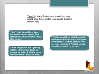 “I think it’s mainly people not
knowing about it or also thinking
that it doesn’t apply to them. I
didn’t think it would apply to me
so its not very clear”.
Trend 2 - Many Participants stated that they
would have been unable to complete the form
without help
“I don’t think I would have been
able to do it myself. I suffer from
depression and it would have been
a big hurdle”.
“I think people who don’t get help
might see the form and give up
because its so big. It should be cut
down and made simpler, its silly”.
“The form was like a book, I couldn’t
have done it without help. I just ignore
forms most of the time because they
are too complicated. There is no way I
could have done it on my own”.
 